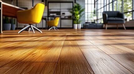 Poster - A stylish office space showcasing sleek engineered wood flooring, coupled with modern furniture and vibrant decor.