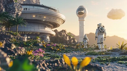 Poster - A futuristic research station on an exoplanets surface, with scientists observing the rich biodiversity of alien flora and fauna.