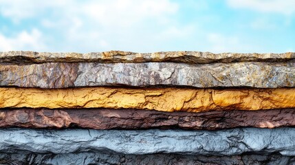 Poster - A close-up view of colorful sedimentary rock layers showcasing various textures and colors, set against a bright blue sky, evoking a sense of geological history.