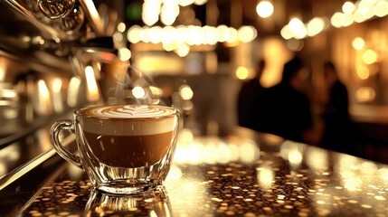 Wall Mural - A vibrant scene of a barista preparing a cappuccino with a beautiful swirl in the foam, set in a bustling cafe with customers enjoying their drinks nearby.