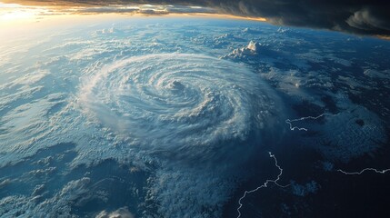Poster - An expansive view of a storm system forming over the ocean, with dark clouds swirling, exhibiting dynamic weather patterns and lightning strikes.