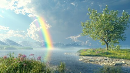 Poster - A serene landscape depicting a rainbow after a rain shower, with vibrant colors in the sky and clear visibility, illustrating the aftermath of a weather change.