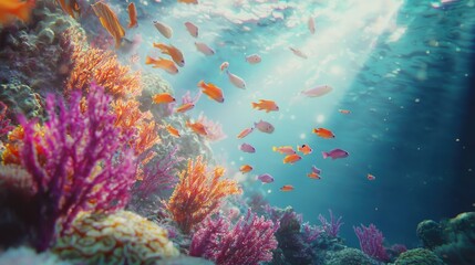 Poster - A serene underwater scene showcasing colorful coral reefs teeming with vibrant fish, illuminated by sunlight filtering through clear blue water.