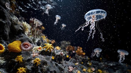 Poster - A mesmerizing view of a deep-sea explored area, featuring unique marine life such as jellyfish and starfish, against a dark, mysterious backdrop.