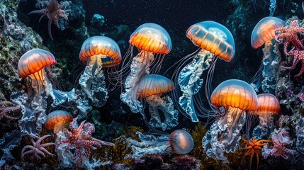 Poster - A mesmerizing view of a deep-sea explored area, featuring unique marine life such as jellyfish and starfish, against a dark, mysterious backdrop.