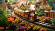 © kwanchaift - An intricate wooden toy train navigating through a charming miniature village, with colorful houses and cheerful flowers surrounding it.