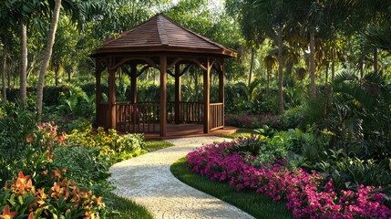Fototapete - A serene garden featuring a beautifully crafted wooden gazebo surrounded by colorful flowers and lush greenery, creating a tranquil outdoor retreat.