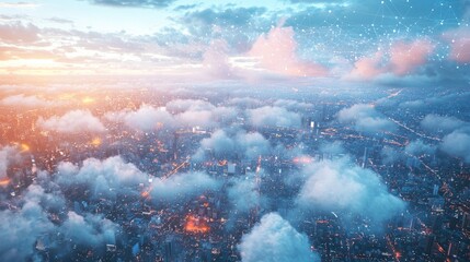 Poster - An aerial view of a bustling city with clouds above, symbolizing data flow and connectivity, showcasing vibrant colors against a blue sky.