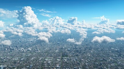 Fototapete - An aerial view of a bustling city with clouds above, symbolizing data flow and connectivity, showcasing vibrant colors against a blue sky.