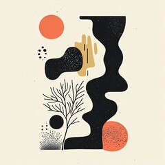 Aufkleber - A striking abstract illustration combining bold geometric shapes, organic lines, and natural motifs in vibrant tones, perfect for creative and modern projects. AI generated.