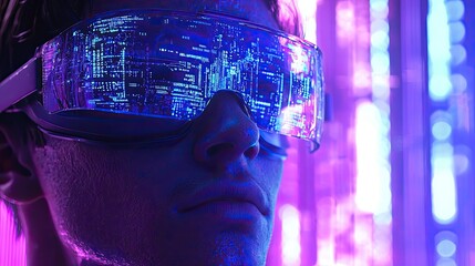 Fototapete - A futuristic workspace where a man is using augmented reality glasses to interact with virtual data clouds, surrounded by ambient lighting in shades of blue and purple.
