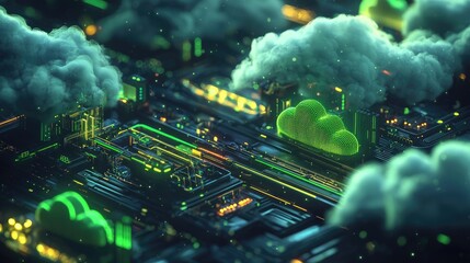 Fototapete - A visually striking representation of cloud infrastructure with interconnected nodes and pathways glimmering in bright green and blue tones on a dark background.