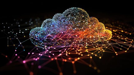 Fototapete - A conceptual image of a network diagram showing cloud services, with bright colors representing data flow and a sleek, modern style enhancing the visual appeal.