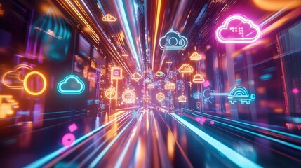 Fototapete - An imaginative digital transformation scene depicting various cloud service models, with floating icons in a stylized environment, vibrant colors enhancing the tech feel.