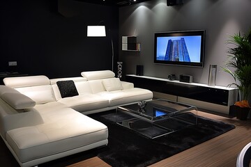 Poster - Minimalist living room with a white leather sectional, a glass coffee table, and a sleek media unit against a matte black feature wall. interior design 