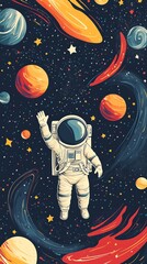 Poster - An astronaut floats in space surrounded by colorful planets and swirling galaxies.