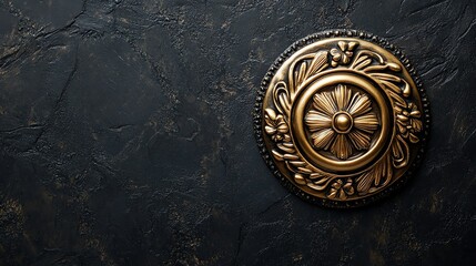 Poster - A decorative bronze medallion on a textured dark background.