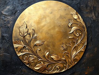 Poster - A decorative circular relief featuring intricate floral designs in a golden finish.