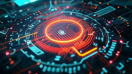 Poster - Futuristic motherboard glowing with an integrated circular circuit, symbolizing advanced computing, data flow, and technological innovation in a visually captivating digital landscape