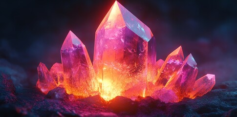 Poster - A cluster of glowing pink crystals radiating light in a dark environment.
