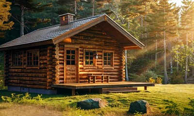 Wall Mural - small wooden cabin in forest clearing bathed warm sunlight with stone pathway leading up to it