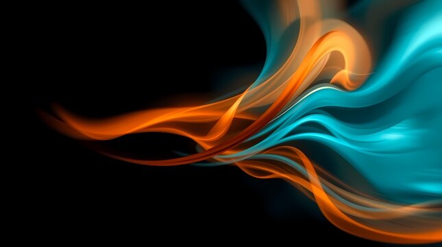 Vibrant Abstract Swirling Orange and Teal Fluid Light Waves with Dynamic Motion on a Dark Black Background, Modern Digital Art Design
