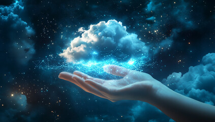 Wall Mural - close-up of a woman's hand holding a cloud with blue glowing data and stars