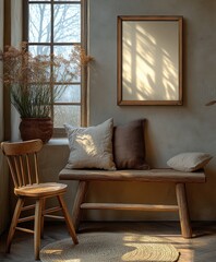 Poster - Minimalist Art Gallery Scene with Wooden Frame and Blank Canvas in Soft Natural Light