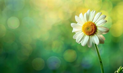 Wall Mural - Single white daisy against blurred green background with bokeh