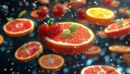 Floating citrus fruit splash in a vibrant underwater scene food photography kitchen environment close-up view refreshing concept for culinary enthusiasts