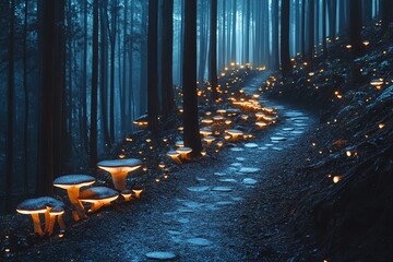 Poster - Enchanted forest path illuminated by glowing mushrooms under a twilight sky.