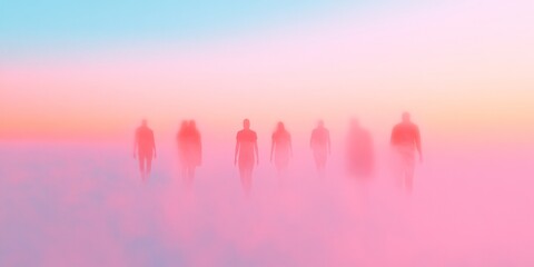 Poster - Ethereal Group in a Dreamy Mist Futuristic Conceptual Art with Soft Gradients