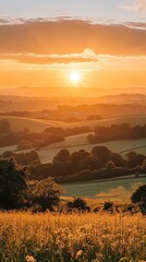 Aufkleber - A serene sunset over rolling hills, highlighting nature's beauty and tranquility.