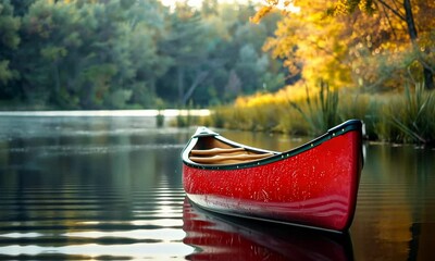 Wall Mural - red canoe on calm lake at sunset with trees in background