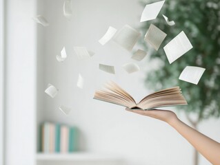 Poster - Floating Knowledge Open Book and Flying Pages in Soft Natural Light