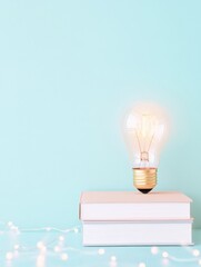 Poster - Illuminated Knowledge A Minimalist Study Scene Featuring a Glowing Bulb and Pastel Tones