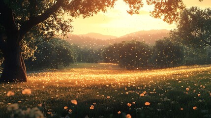 Aufkleber - Serene sunset over a meadow, illuminated by soft light and floating particles.