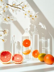 Canvas Print - Minimalist Still Life with Citrus Fruits and Water Bottles Under Soft Light