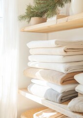 Poster - Sunlit Shelves with Stacked Neutral Textiles and Festive Greenery in Cozy Artisan Space