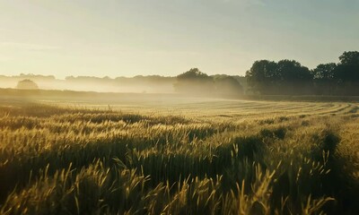 Wall Mural - sunrise over misty wheat field with trees in background under clear sky