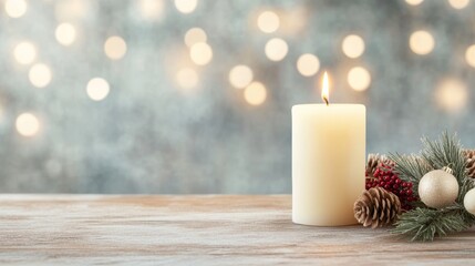 Poster - Glowing Candle and Evergreen Arrangement on Wooden Table with Soft Bokeh Background