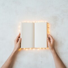 Poster - Hands Holding Open Book Surrounded by Soft String Lights on a Minimalist Background