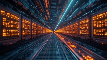 Poster - Futuristic Cryptocurrency Mining Servers with Glowing Lights Aerial High-Tech Vision