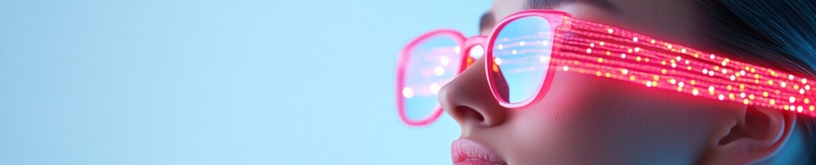 Aufkleber - Futuristic Portrait of a Woman with Digital Transition Glasses and Festive Light Effects