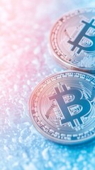 Poster - Vibrant Bitcoin Coins on Reflective Surface with Abstract Patterns