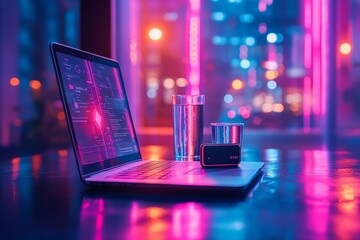 Aufkleber - Futuristic Financial Tools Bitcoin Hardware Wallet and Laptop in Neon Lighting