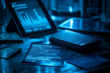 Poster - Futuristic Financial Technologies Bitcoin Wallet, Credit Card, Tablet in Blue Lighting