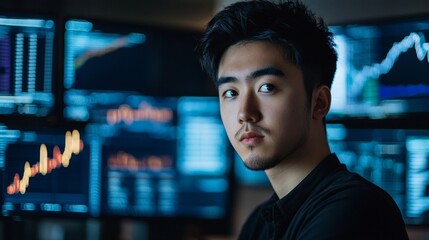 Poster - Asian Man Analyzing Cryptocurrencies in Modern High-Tech Office