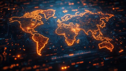 Poster - Futuristic World Map Cyberpunk Concept Global Connectivity Data Transfer Digital Space