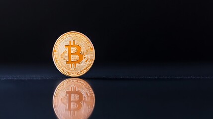 Poster - Neon Bitcoin Logo on Reflective Surface with Blockchain Nodes Cryptocurrency and Fintech Concept in HD